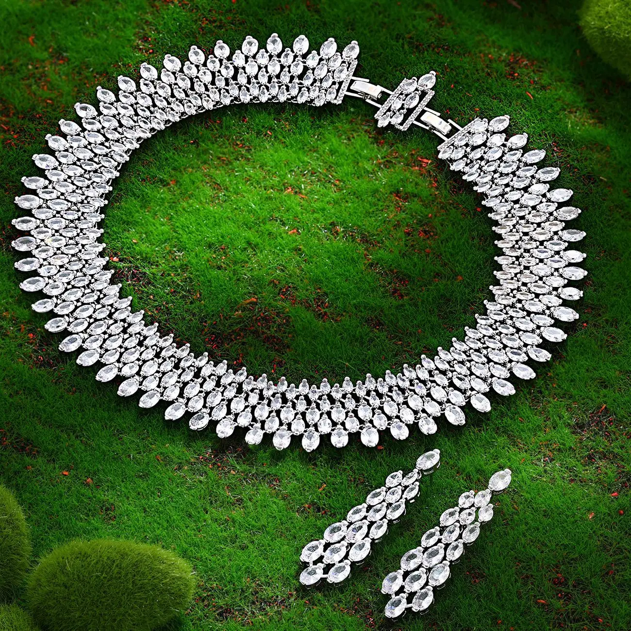 2 Piece Set Zirconia CZ Crystal Necklace Earrings Nigeria Wedding Bridal Jewelry Set Women Party Christmas Gift Accessories