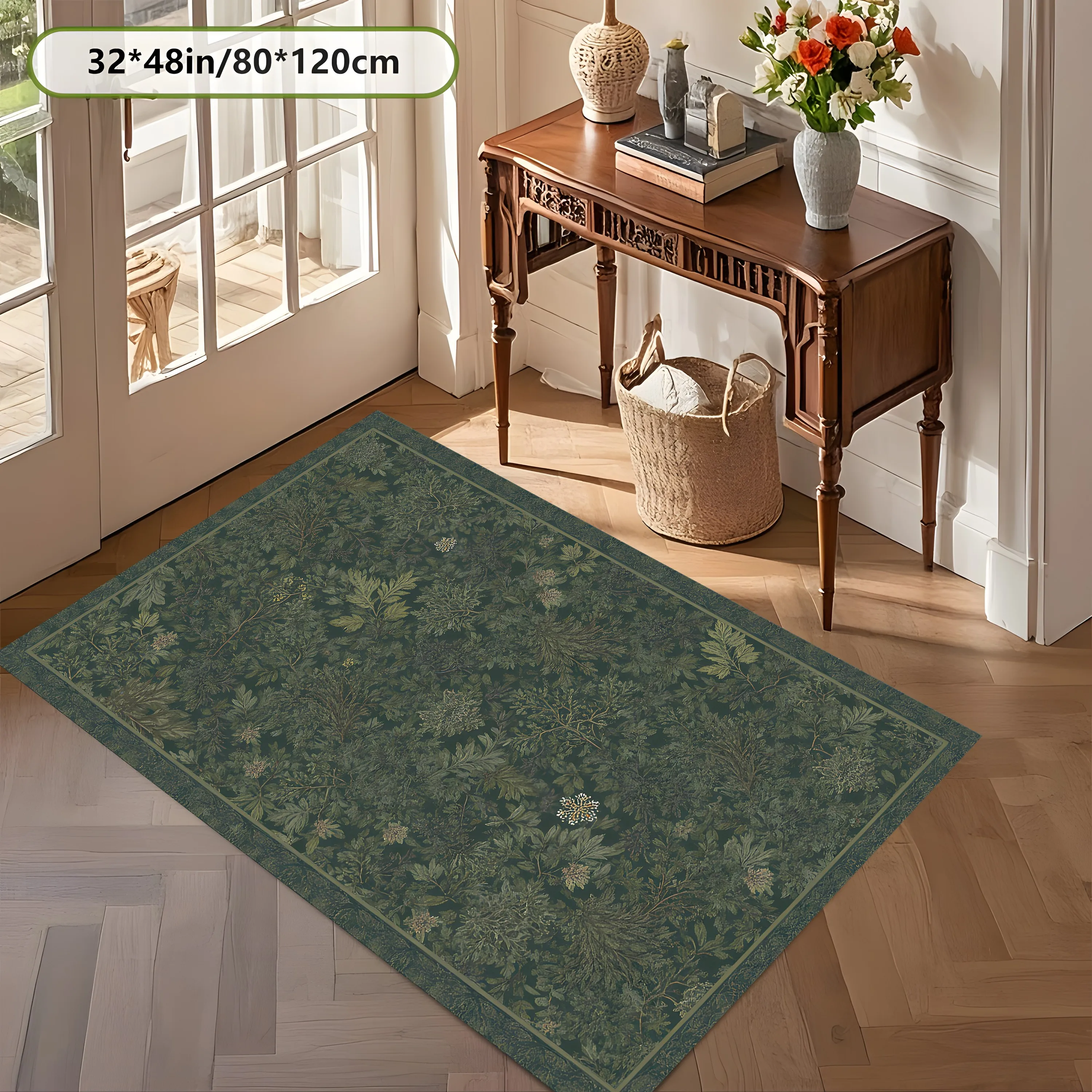 2D Carpet with Forest Fern and Small Flower All-Over Pattern in Retro Natural Style for Living Room and Bedroom