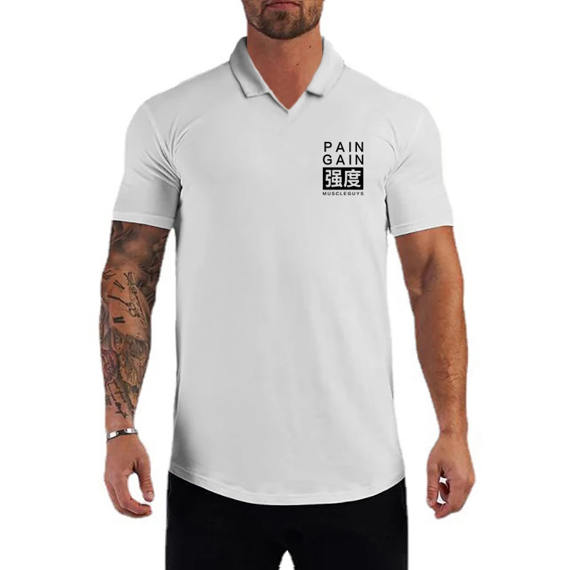 

Gym Bodybuilding Muscle Polo Shirts Summer Breathable Cotton Jogging T-shirts Mens Casual Fitness Training Short Sleeve Polos