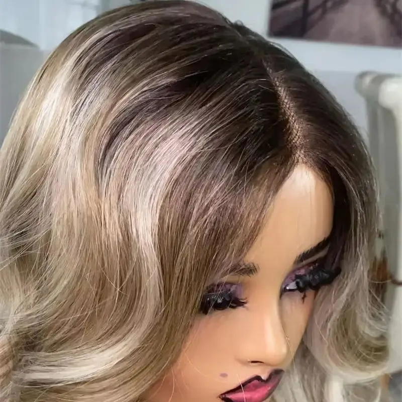 

Glueless Preplicked Hairline Middle Part Ombre Blonde Brown Synthetic HD Lace Front Wig High Heat Fiber High Quality Wig 20 Inch