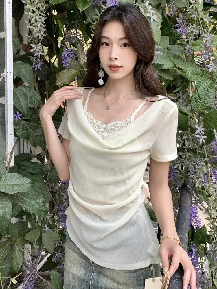 

French Style Lace Splice Short Sleeve T-Shirt Women's Summer New Pure Desire Slimming Beautiful Small Shirt Top
