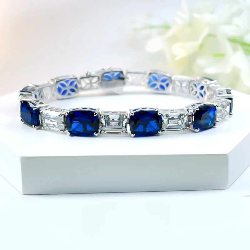 Fashionable Blue Treasure 925 Sterling Silver Bracelet Set with High Carbon Diamonds, Unique Design, Versatile Wedding Jewelry image 5