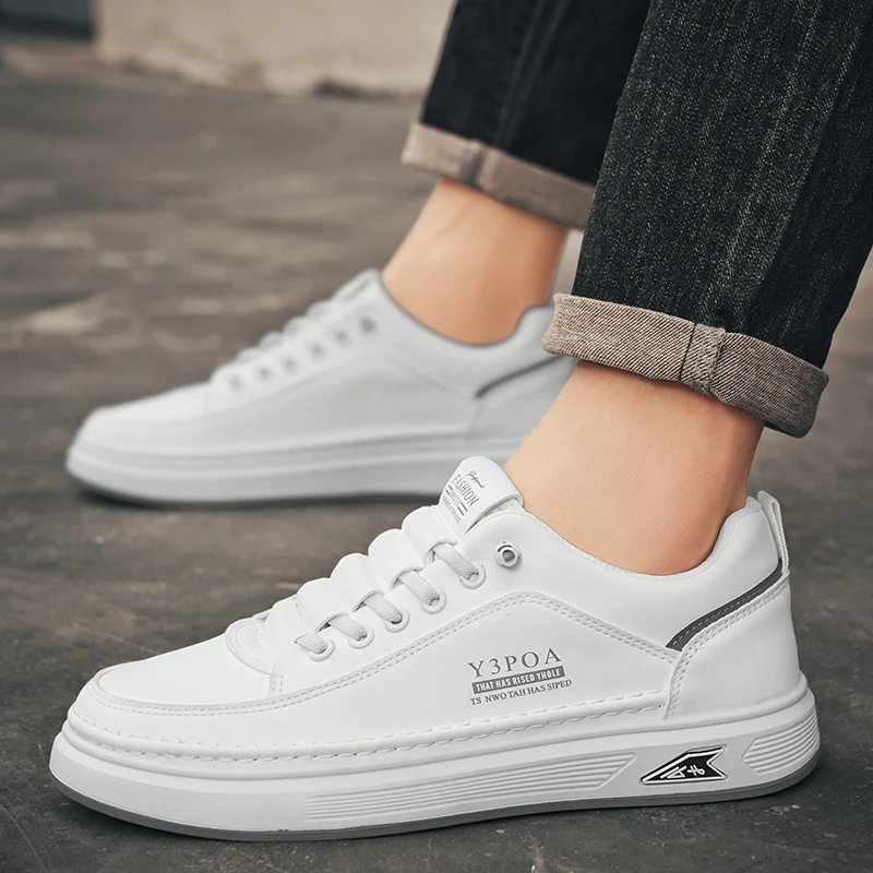 Leather Casual Shoes for Men Breathable White Sneakers Fashion Driving Walking Tennis Shoes for Male Office Flats Shoes