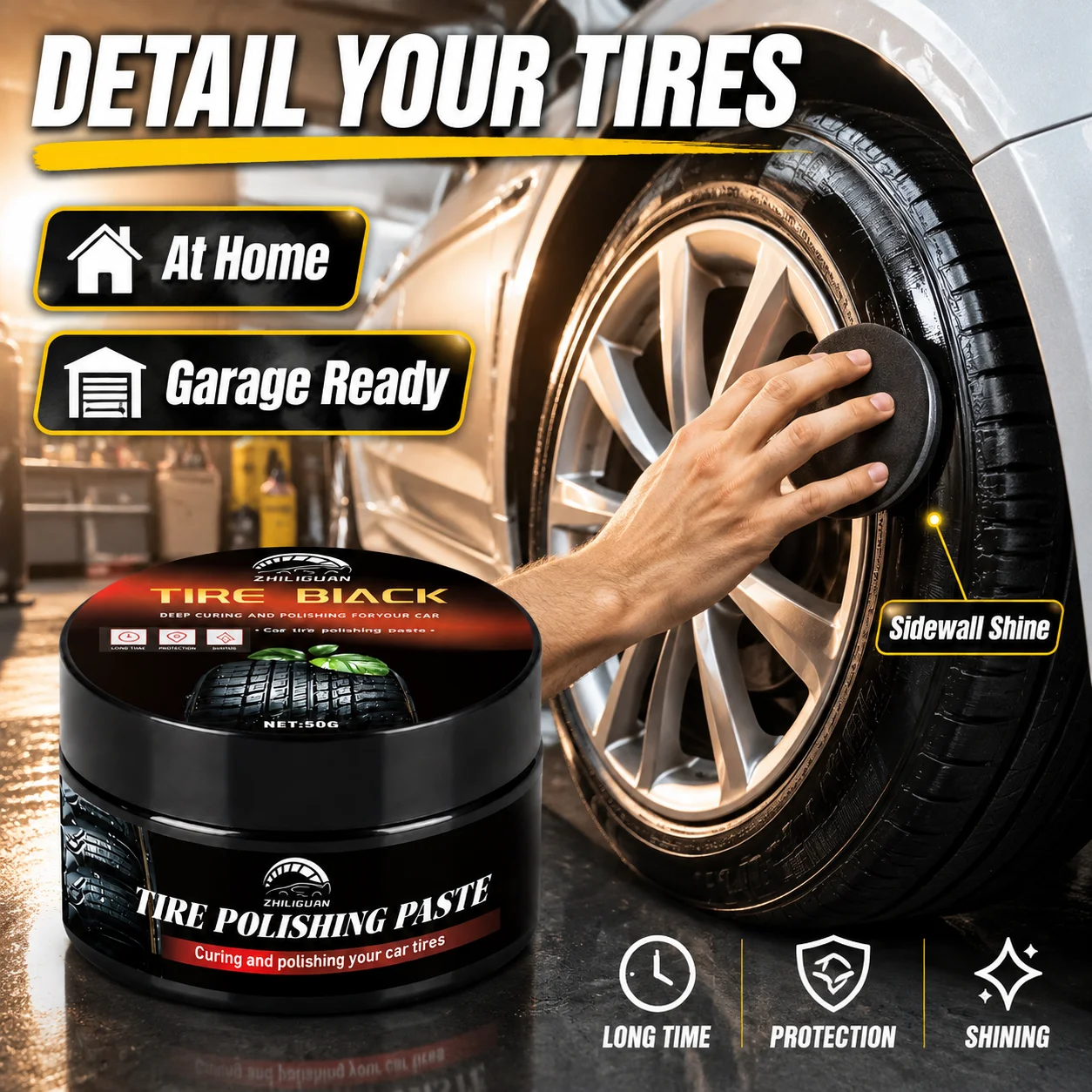 50g Tire Black Shine Wax Paste Car Rubber Tyre Restorer Sidewall Polish Deep Gloss Long Lasting Protection Auto Care Cleaner Kit