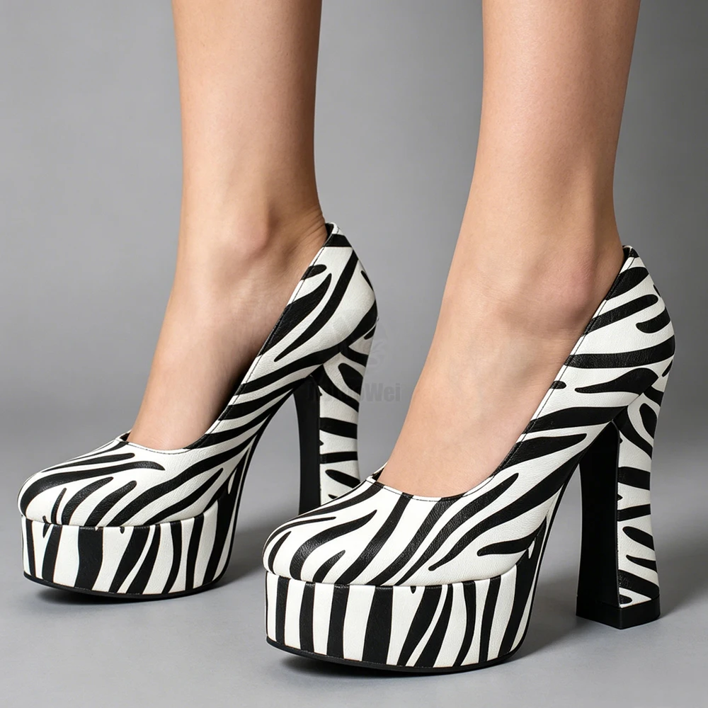 Women Zebra Print Platform Pumps Ultra High Chunky Heel Thick Sole Round Toe Slip On Y2K Party Stage Shoes 2