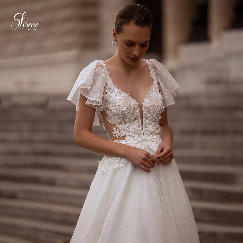 Sirene Moderne V-hals Ruglooze Vloerlengte A-lijn Korte Mouw Kanten Bruidsjurk 2025, Trouwjurk Vestidos De Novia Aangepast