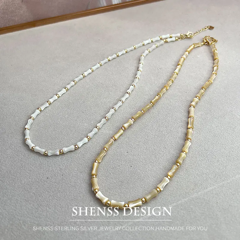 Bamboo Shaped Shell Necklace Copper Plated 14k Gold Accessory