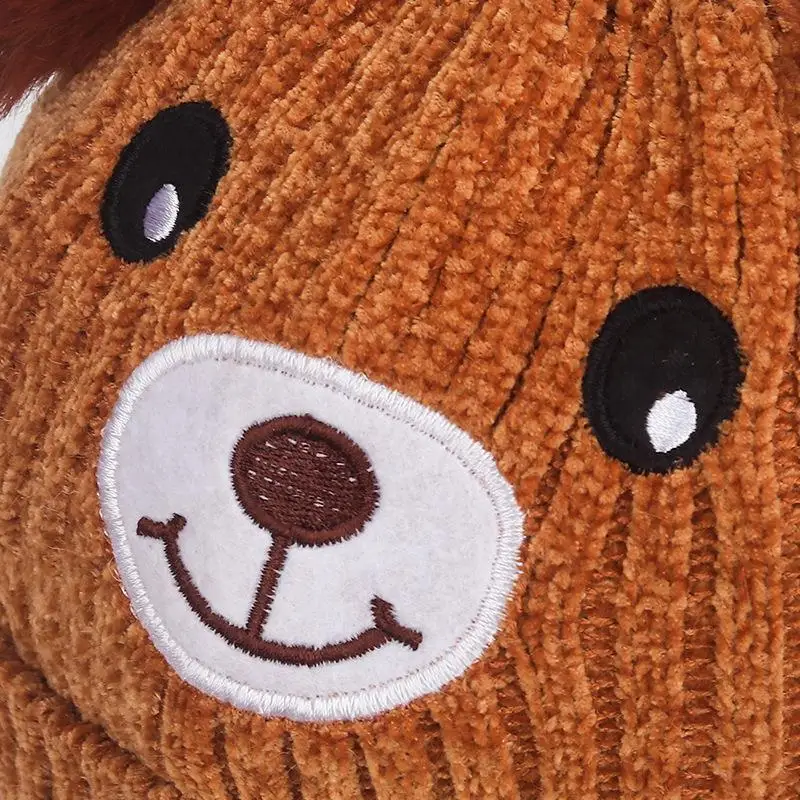 Cartoon Bear Baby Hat with Strap Winter Warm Knitted Velvet Child Boys Girls Hat Bonnet 1-5Years Infant Toddler Kids Beanie Caps