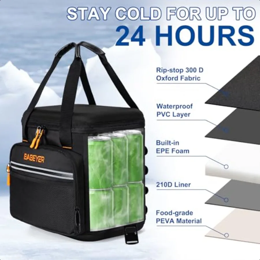حقيبة تبريد ناعمة مع عبوتين ثلج، مبرد قابل للطي للسفر مع حزام كتف قابل للتعديل، سعة كبيرة، عزل مانع للتسرب