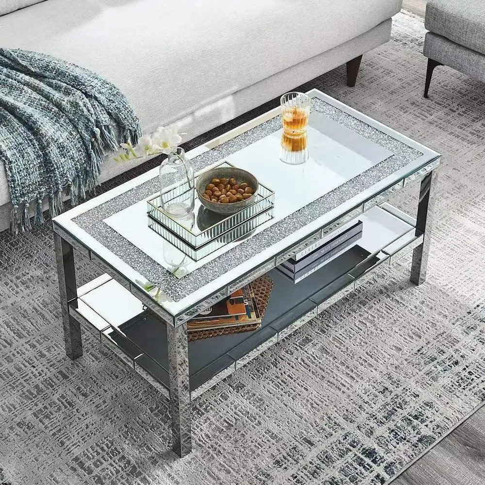 Stainless Steel 2-Tier Glass Coffee Table with Crystal Accents and Mirrored Sofa Table for Living Spaces