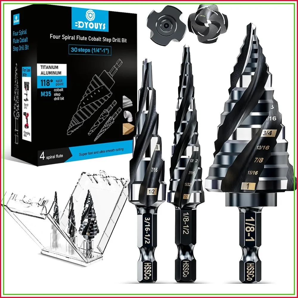 

M35 Cobalt Step Drill Bit Set, 3 Pcs 30 Sizes, 1/4" Shank for Metal, Stainless Steel, Wood, Plastic