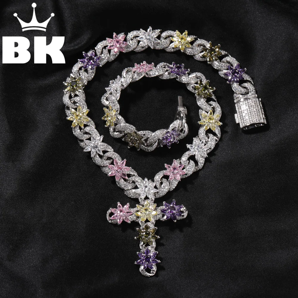 THE BLING KING Full Multi Color CZ Flower Infinity Chain Necklace For Women Cross Pendant Micro Paved Cubic Zircon Link Jewelry
