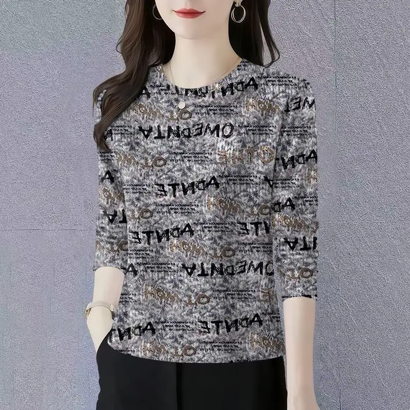 Round Neck T-shirt Ladies 2026 New Spring Autumn Coat Women Fashion Print Jacket Pack Plus Size Covered Belly Western Style Tops