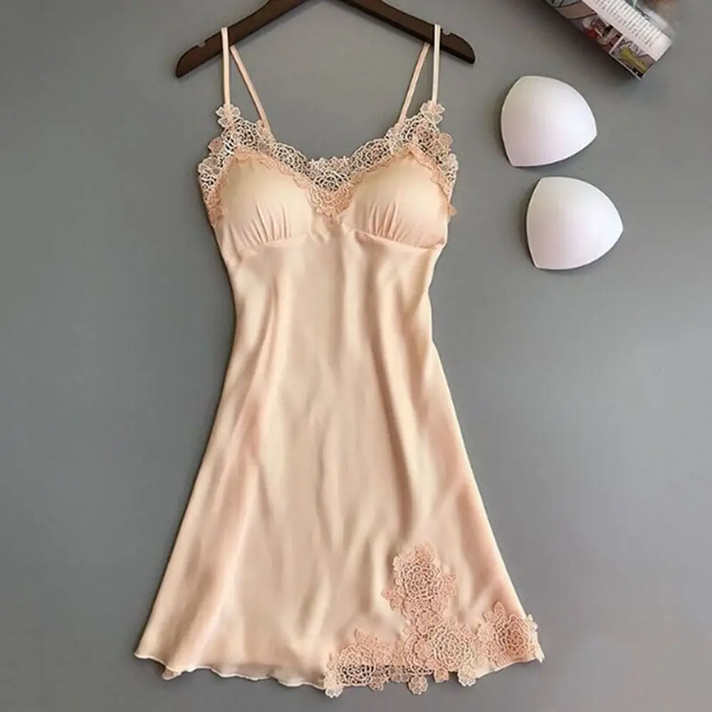Sexy Nightdress with Chest Pad Robe Dress Women Nightwear Lace Sleepwear Home Nightgown