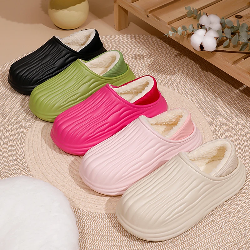 Warme Plüsch-Wasserdichte EVA-Hausschuhe für Damen, Winter Weiche Dicke Sohle Rutschfeste Hausschuhe, Flauschige Paar-Slipper – Detail 9