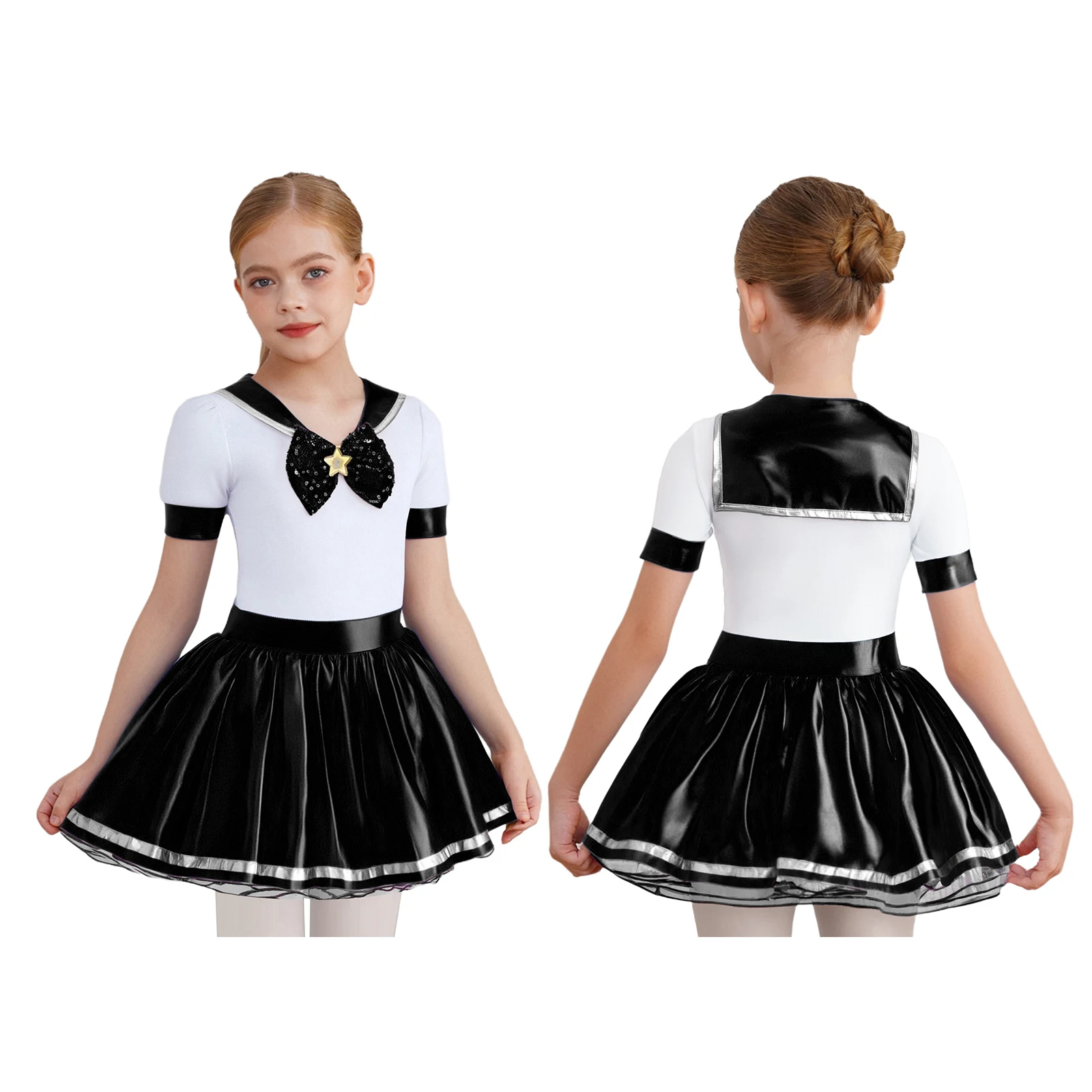 Halloween Anime Sailor Magical Girl Cosplay Costume Short Sleeve Metallic Shiny Bow Tie Mesh Leotard Tutu Dress for Theme Party