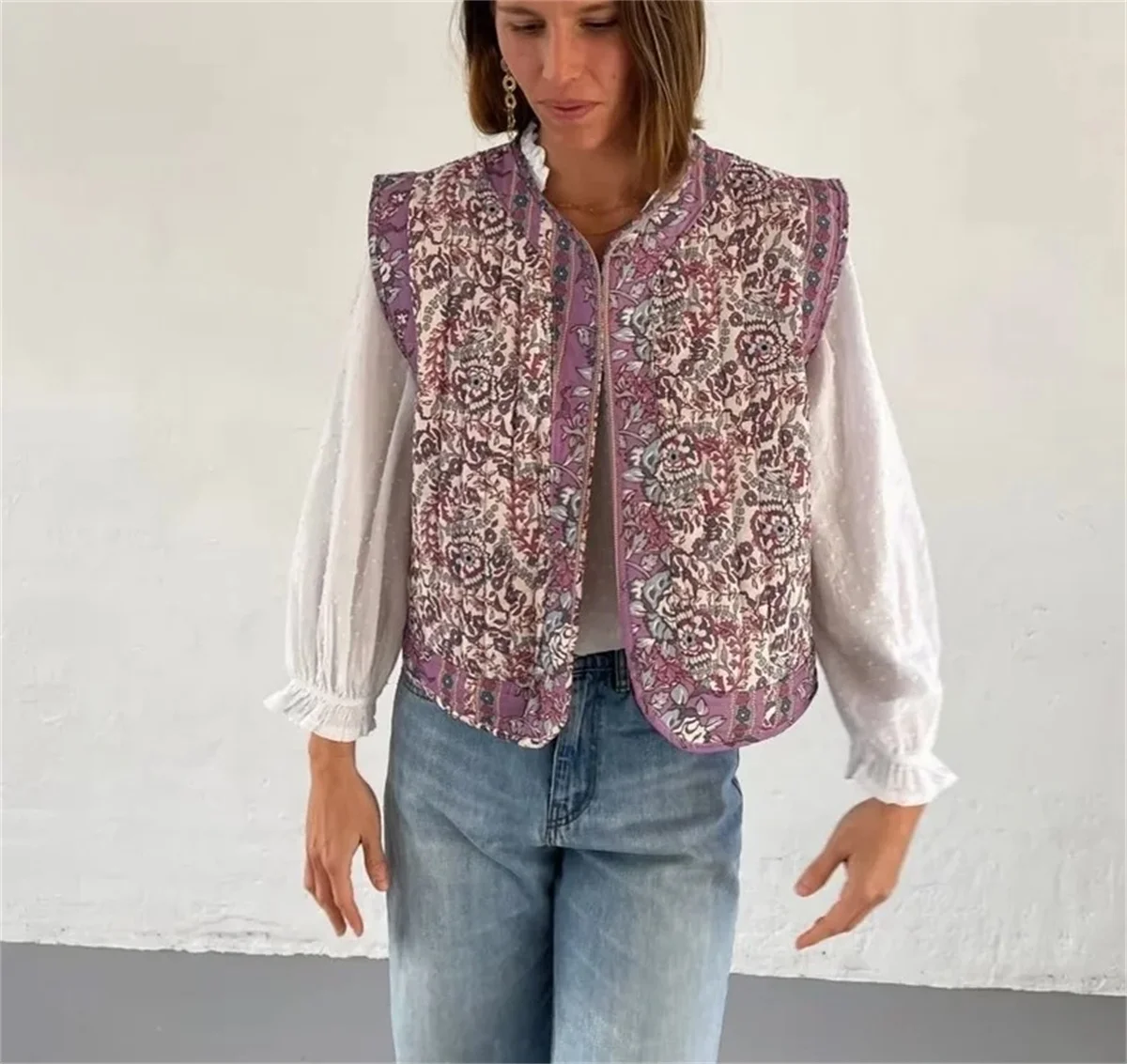 Women Fashion Printed Quilted Vest Sleeveless O Neck Cardigan Waistcoat 2024 New Autumn Winter Clothes Casual Basic Lady Jacket