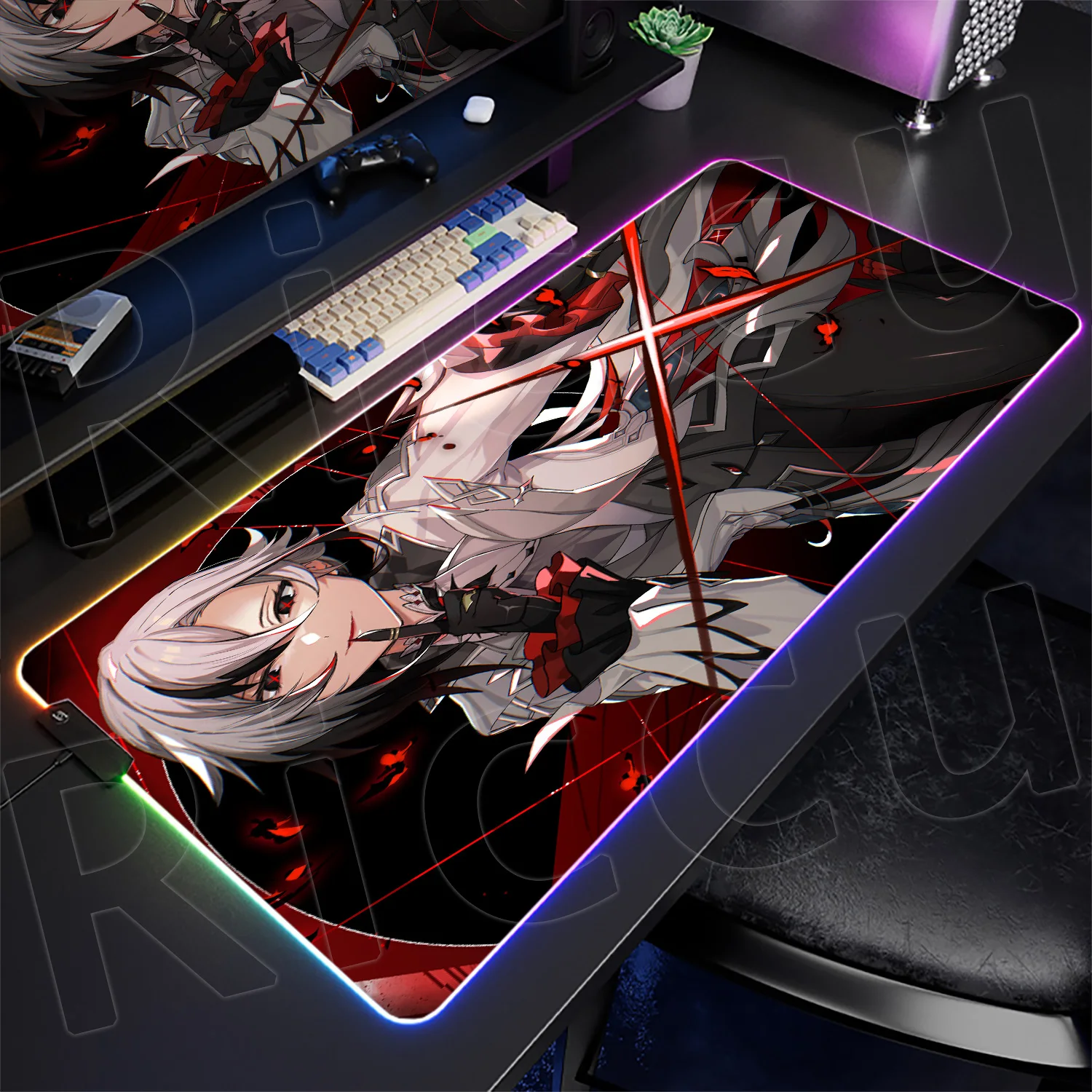 

RGB Genshin Impact Mouse Pad Anime Arlecchino Gaming Desk Mat HD Printing Rubber Desktop Cushion XXL Colorful Backlight Keyboard