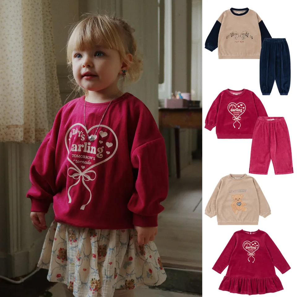 

In Stock!KS Clothes 2025 Autumn/Winter New Kids' Clothing Same Style Velvet Series Love Heart Set Leopard Blue Top Dress