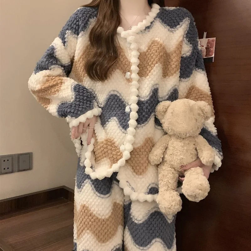 

Пижама из кораллового флиса для девочек, осенне-зимняя женская пижама, утепленная фланелевая одежда для сна в корейском стиле, пижамный костюм для дома