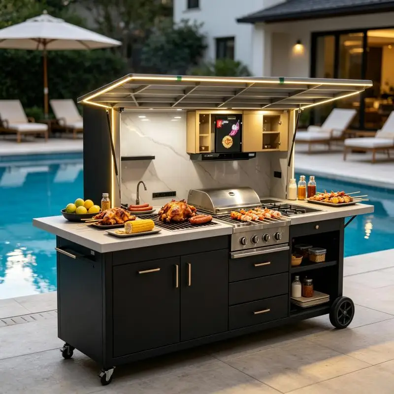 Outdoor Kitchen 304 Stainless Steel Modular Unit With Sink Faucet Gas Burner Easy Clean For Garden And Terrace