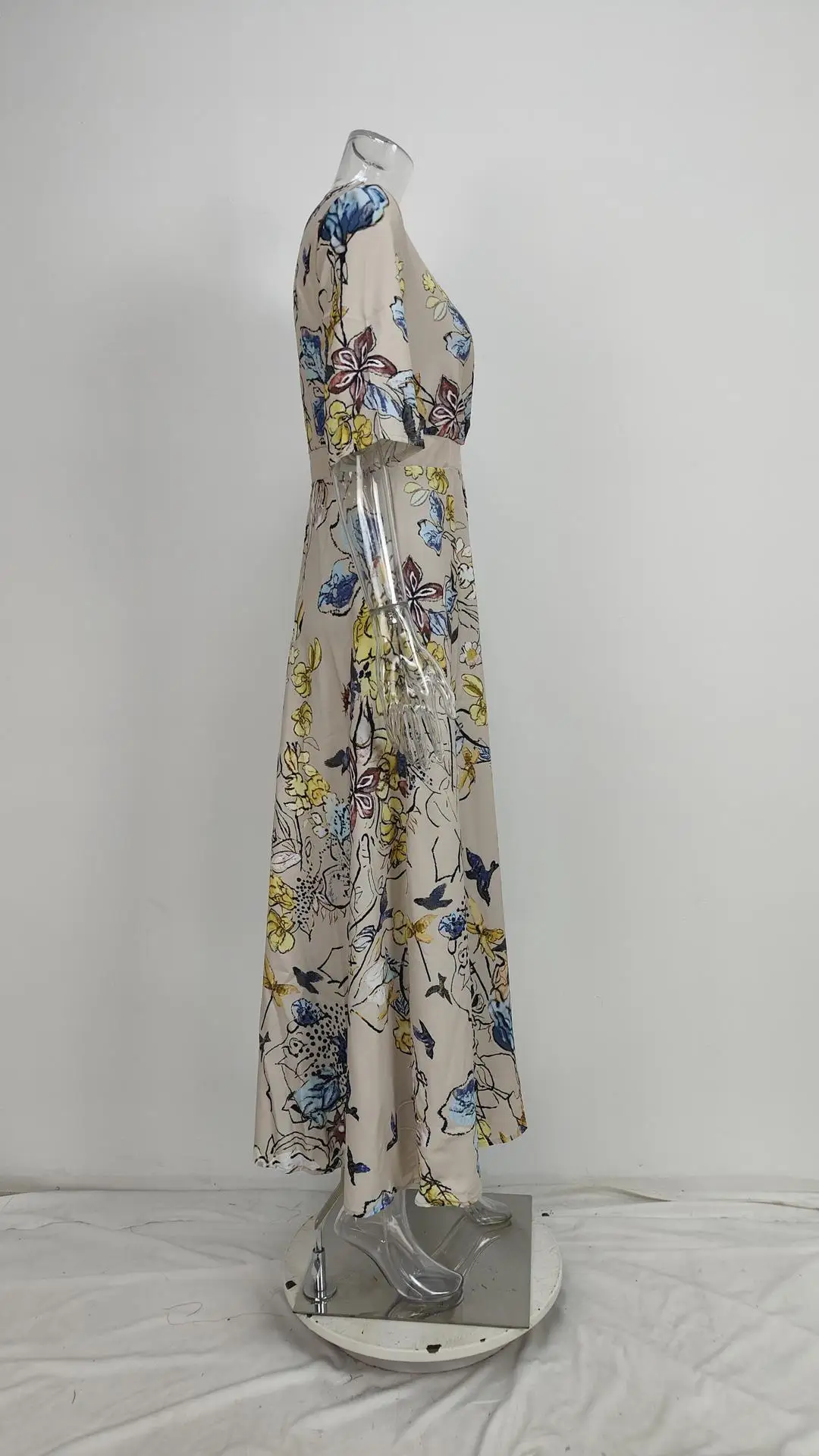 Frühling Sommer Frauen Mode V-ausschnitt Belted Party Langes Kleid Kurzarm Tasche Femlae Urlaub Übergroßen Lose Druck Maxi Kleider – Detail 19