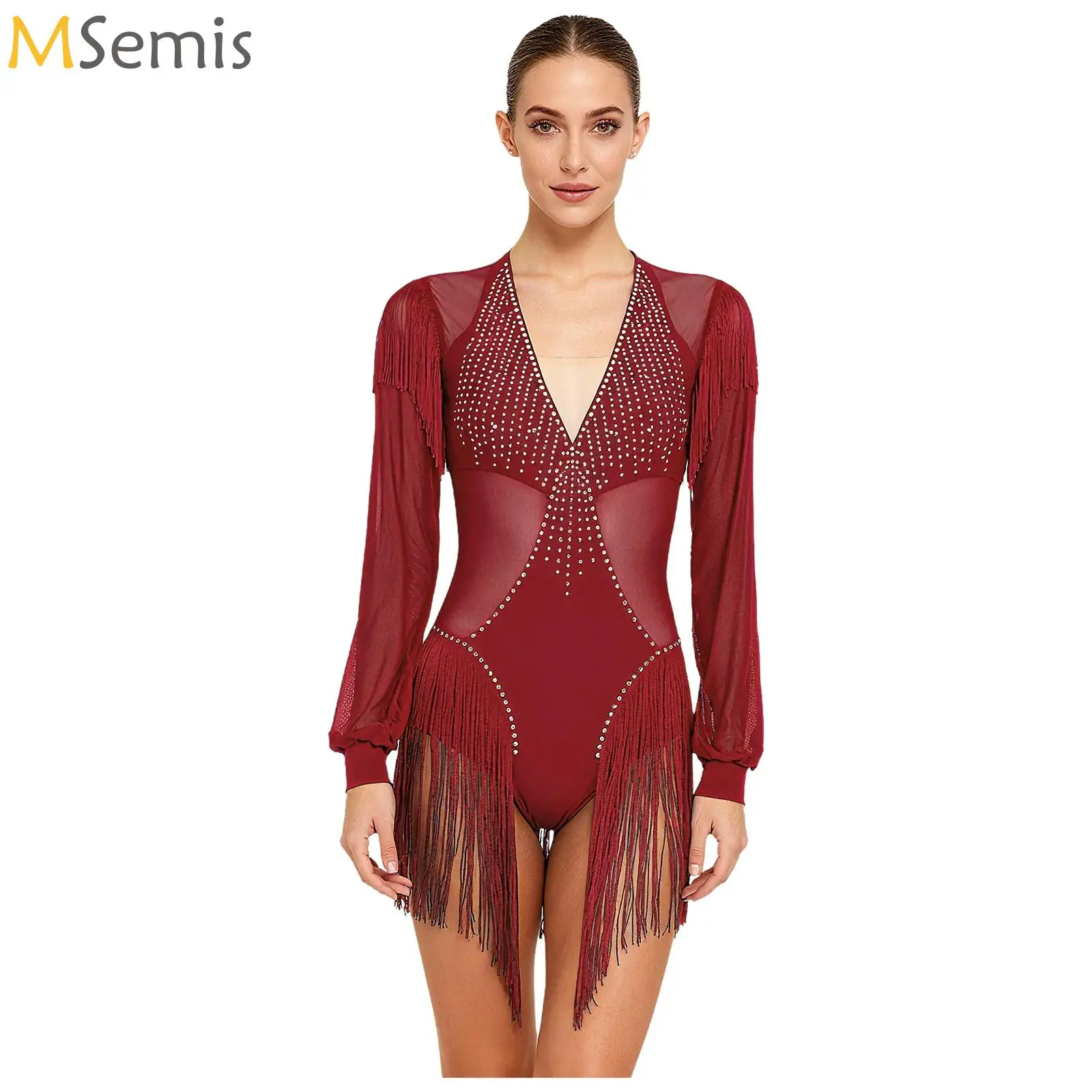 

Female Latin Dance Cha-cha Samba Salsa Performance Costume Rhinestones Fringe Leotard Dress Womens Sleeveless Tassel Jumpsuit