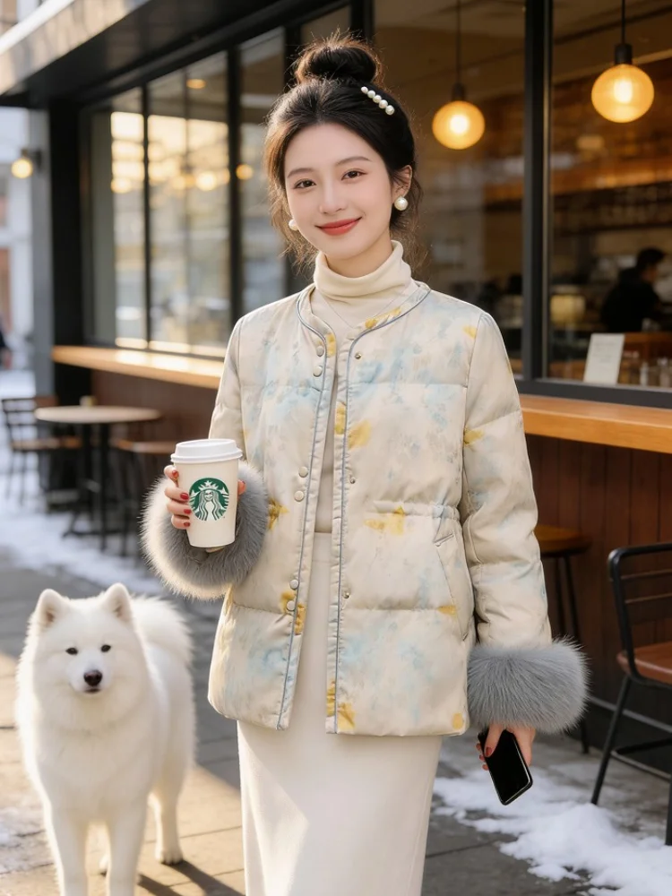 

Tie-Dye Print Plu Jaet Women's New Chinese Sle down Cotton Coat Winter Faionable Small Fraance Sle Outerwear