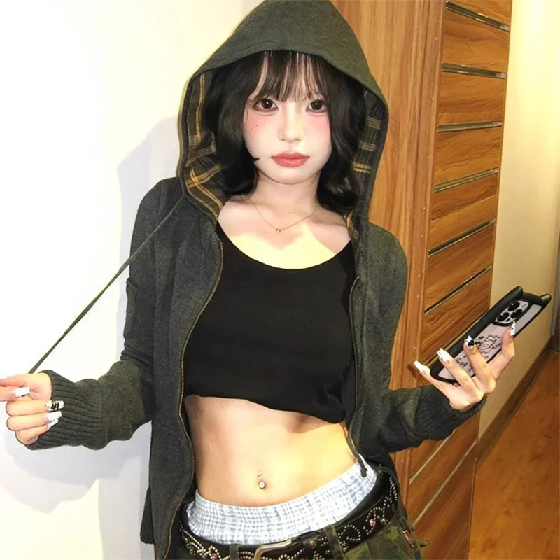 

Hooded Cardigans Women Vintage Y2k Knitted Coats Plaid Patchwork Корейская Мода Свитер Женский Outfit Zipper Pockets Slim Casual