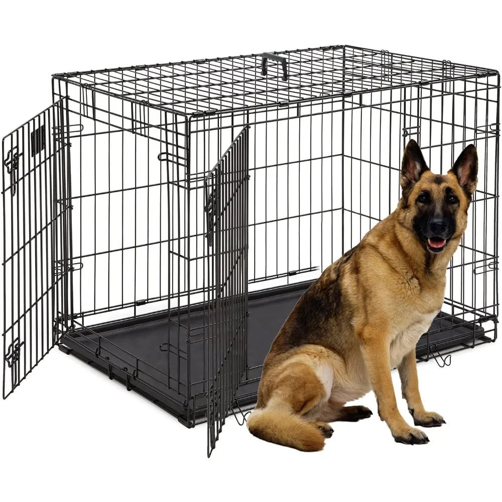 

48-Inch Double Door Folding Metal Dog Crate with Divider and Leak-Proof Pan - For Medium to Large Breed Dogs