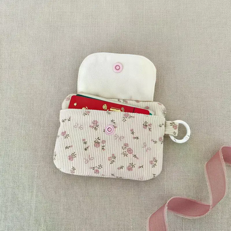 Cute Corduroy Coin Purse Lovely Floral Print Heart Snap Button Small Wallet for Kids Girls Store Change Hair Clips Daily
