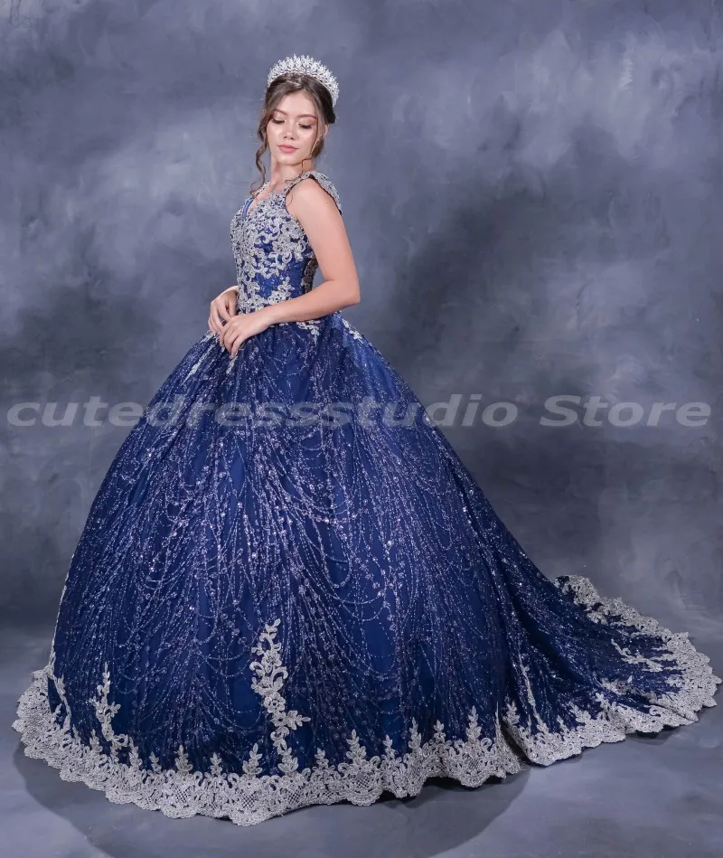 Charro Vestidos De XV ol abiti Quinceanera blu Navy Applique in pizzo paillettes ragazze messicane Quince compleanno dolce 15 abiti