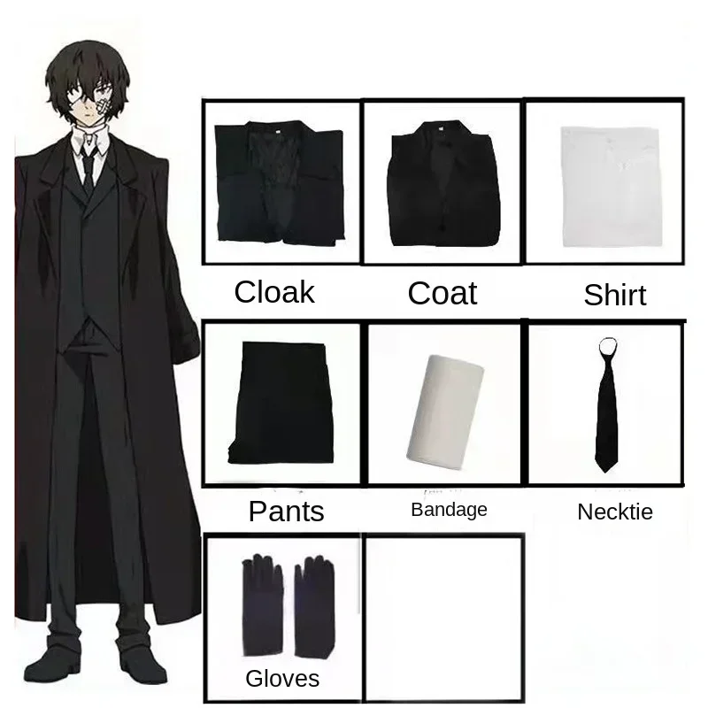 RT01 Dazai Osamu Costume Cosplay Bungo Stray Dogs Uomo e Donna Trench Nero Uniforme Abiti Parrucca Unisex Accessori * JK2
