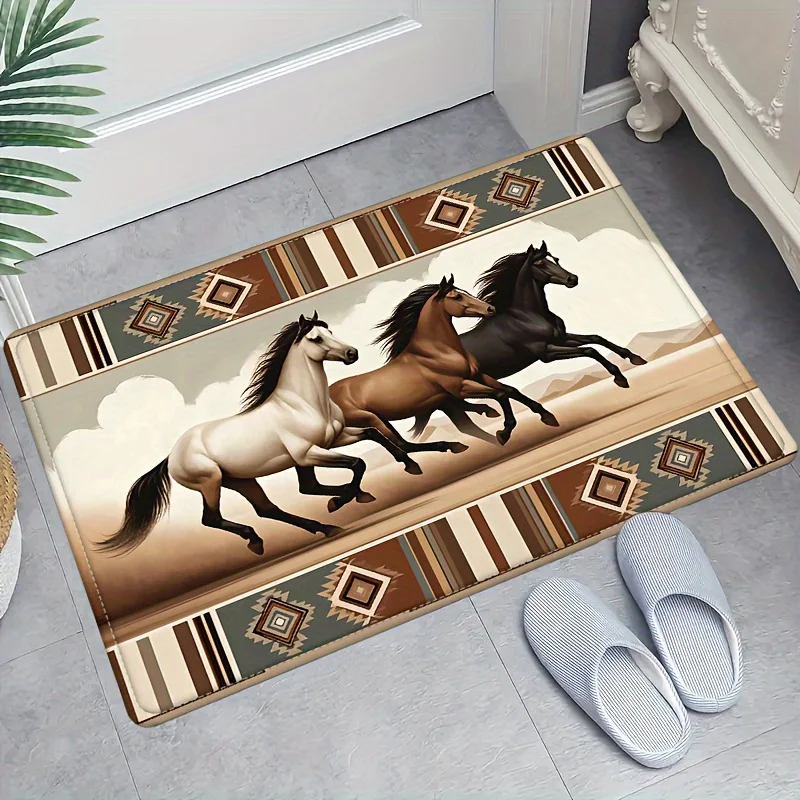 Western‑Style Entry Mat Galloping Horses with Tribal Geometric Border Floor Rug Vintage Wilderness Decor Carpet for Front Door