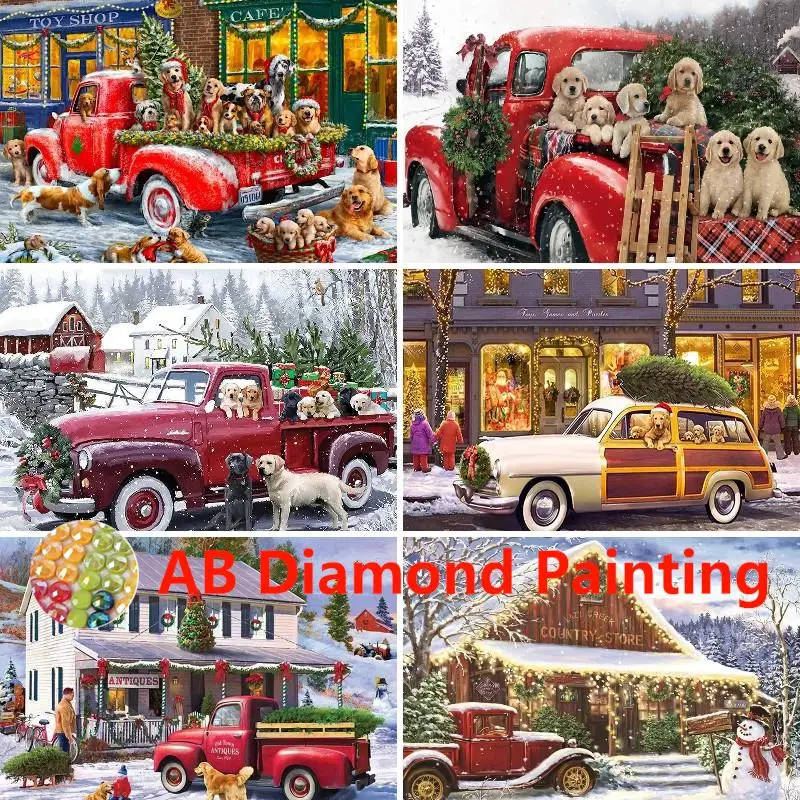 AB 크리스마스 강아지 빨간 트럭 풍경 5D 다이아몬드 페인팅 라인석 자수 DIY 크로스 스티치 키트, 겨울 눈 홈 장식 선물