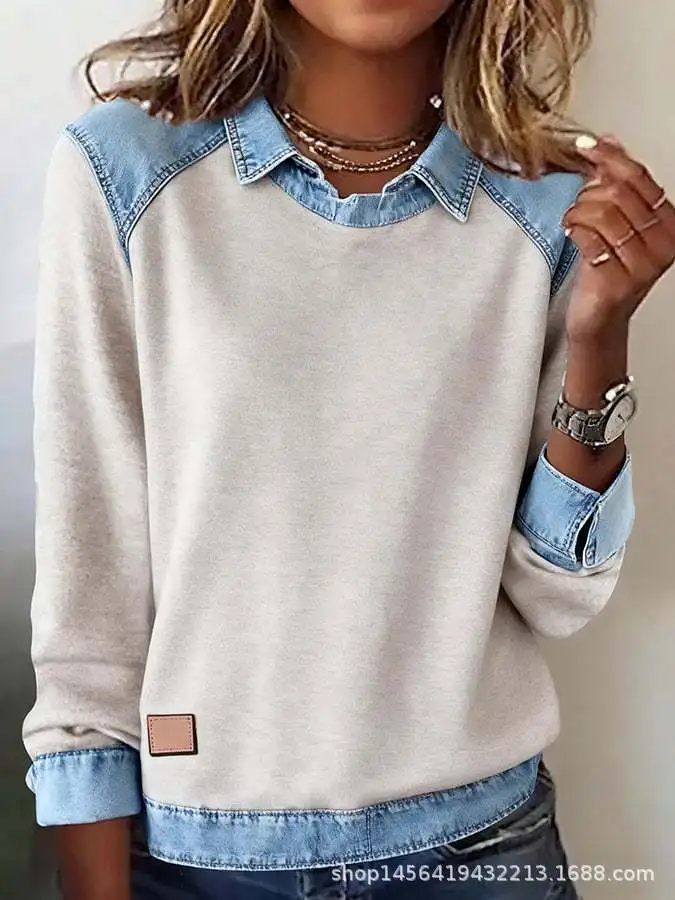 

Fashion Contrast Denim Woman Pullover Elegant Shirt Collar Patchwork Top Blouse Autumn Long Sleeve T-shirt Hoodie Harajuku fall