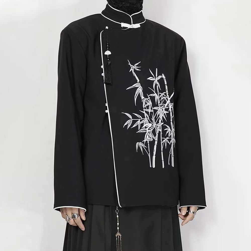 Chinese Style Dark Embroidered Long-Sleeved Tops For Men In Autumn  Fashion Trend Stand-Up Collar Design Hanfu Casual Suit Tops