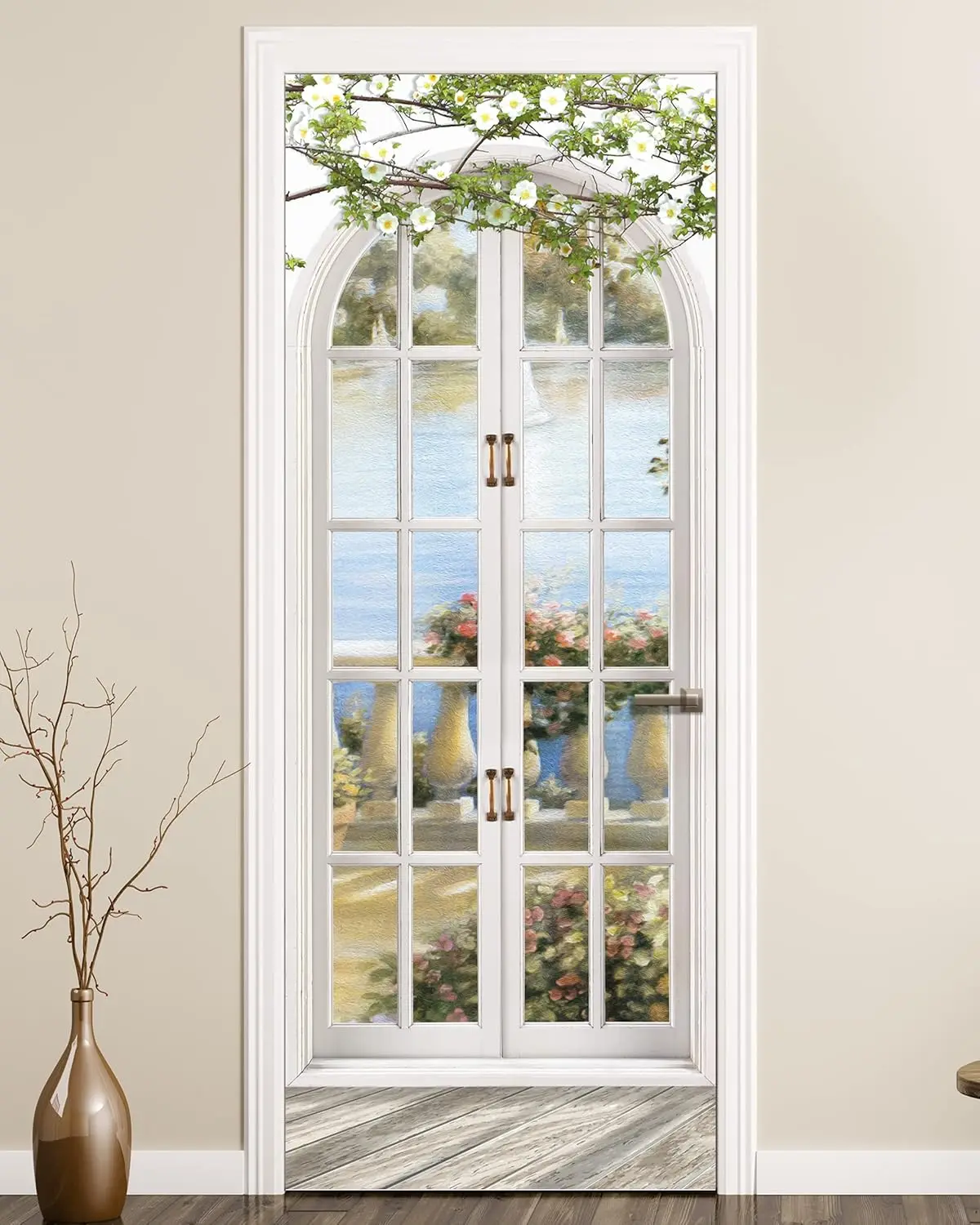 Floral Balcony Door Decal, French Window View PVC Door Sticker, Waterproof Removable Home Decor