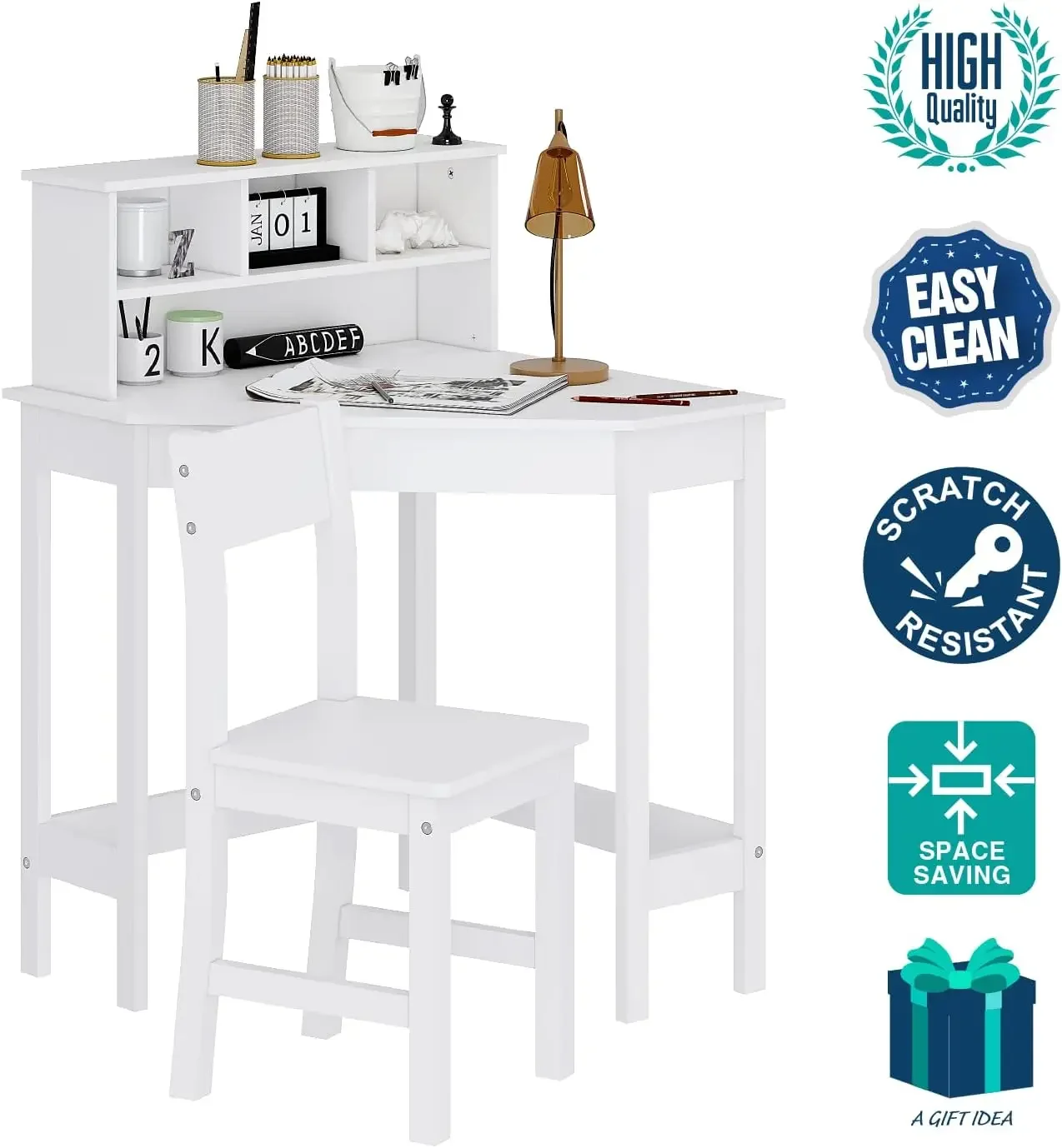 Kids Desk, Kids Corner Desk and Chair Set, Kids Study Desk with Storage and Hutch for Home School Use,White