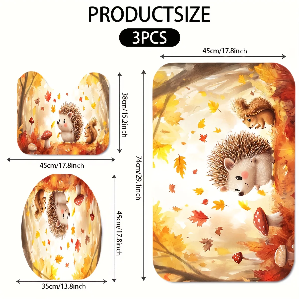 Autumn Forest Hedgehog and Squirrel Mushroom Print Bathroom Mat Set Toilet Seat Cover U-Shaped Floor Mat Flannel Material 3pcs