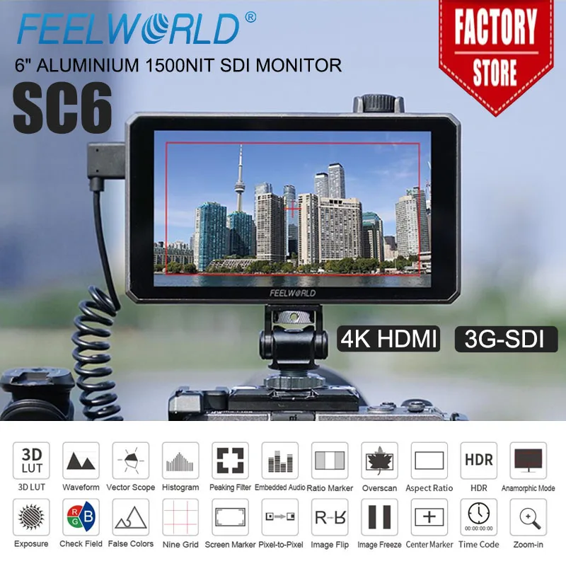 FEELWORLD SC6 6인치 사진 및 비디오 모니터 1500NIT 고휘도 3G SDI HDMI 4K60Hz 1920X1080 IPS 스크린 알루미늄 쉘