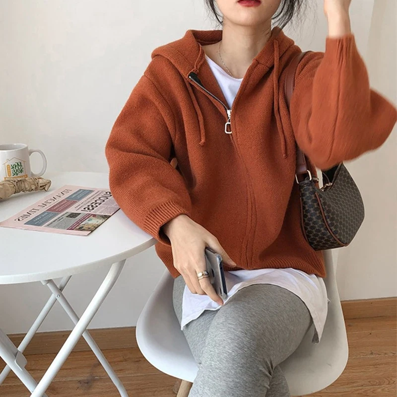 

Temperament Hooded Knitted Jacket Women's Autumn Winter Short Knit Sweater Cardigan Female Lazy Loose Knitting Zippers Coat