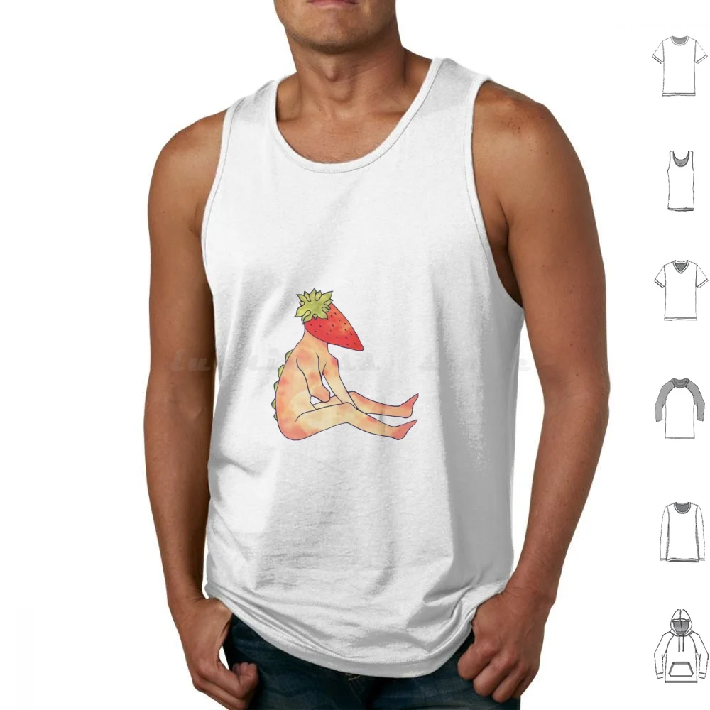 Strawberry Guy Sitting Tank Tops Print Cotton Strawberry Creature Monster Berry Red Fruit Plant Fruits Plants Green Cute