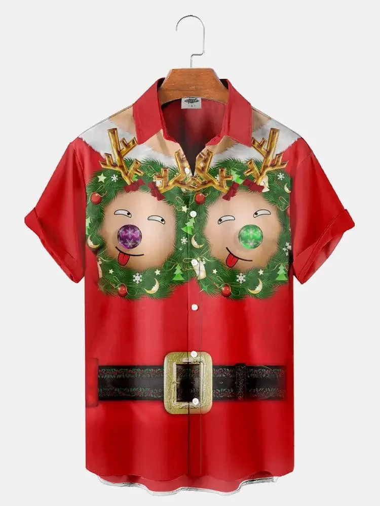 New Year Christmas Snowman Claus Anime Pattern Hawaiian Shirt For Men Y2k Casual Short Sleeve Funny Summer Oversized Clothes