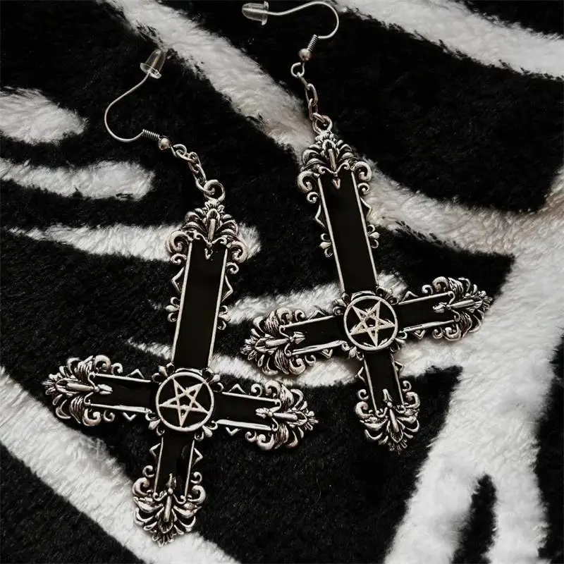Pentagram inverted Cross, Gothic jewelry, Vintage, black carvings, Pagan, witchcraft accessories,Large Cross,ear hooks For Women