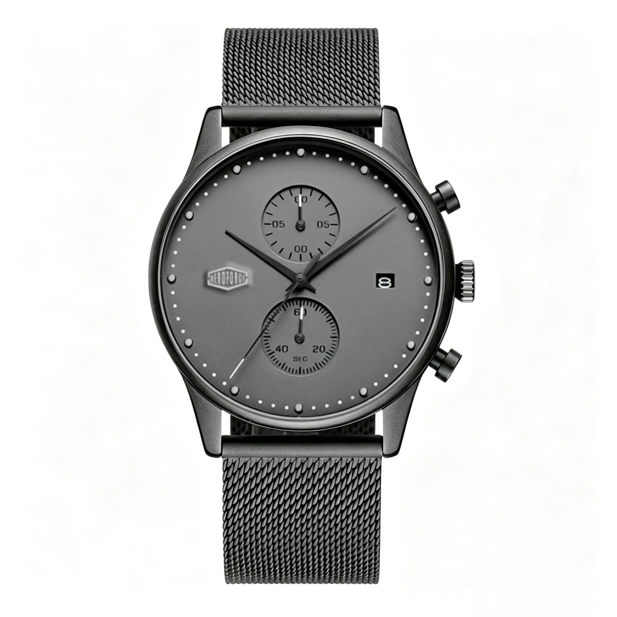 HEROFORCE Men's Minimalist Matte Black Stainless Steel Watch Chronograph Stopwatch Slim Case Comfortable Stainless Steel Mesh Strap Luminous Dial Calendar