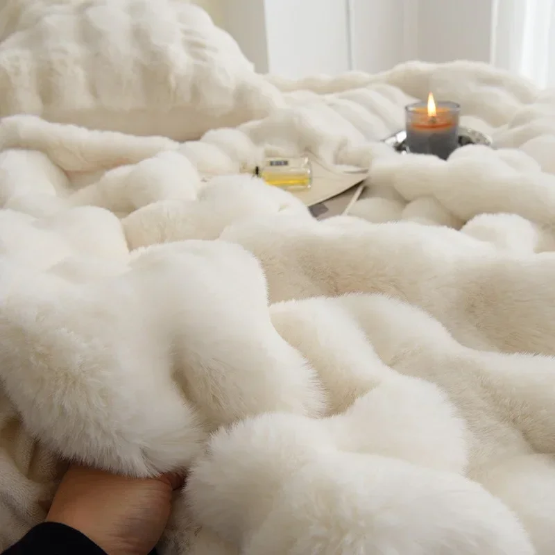 Bubble Faux Fur Blanket for Sofa Living Room Winter Warm Fluffy Plush Throw Blanket Luxury Couch Cover Pillowcase Christmas Gift