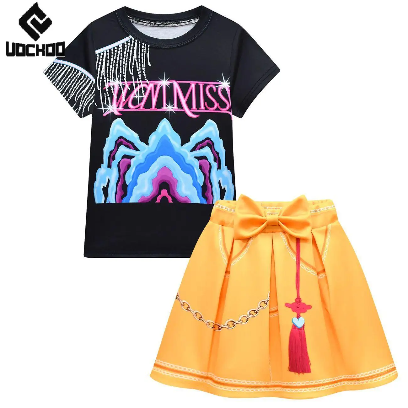 

Black Girl T-Shirt Set Halloween Mira Cosplay Costume Kpop Demon Hunters Skirt Kid Dress Up Anime Idol 2 Piece Set Kid Tee Skirt