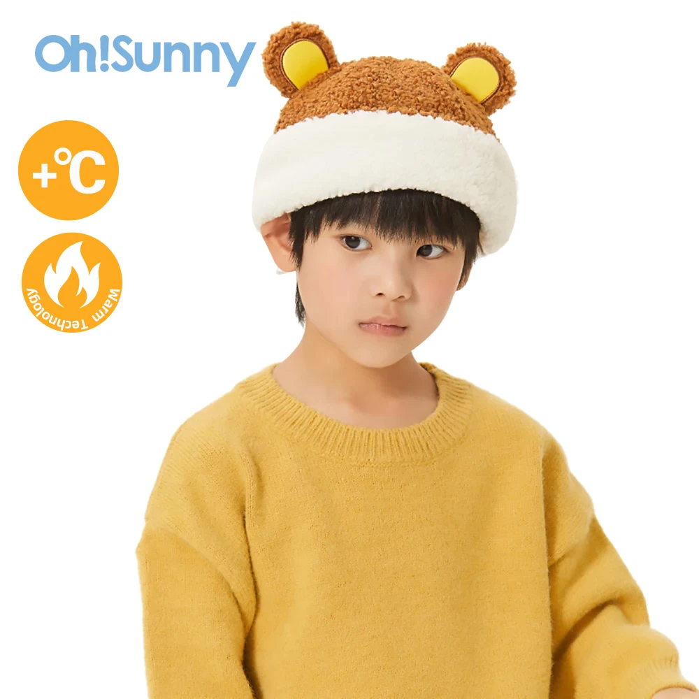 Ohsunny Kids Hat Winter Warm Adjustable Bucket Cap Children Cute Cartoon Bear Ear Caps Outdoor Furry Warmer Beanie Boys Gifts