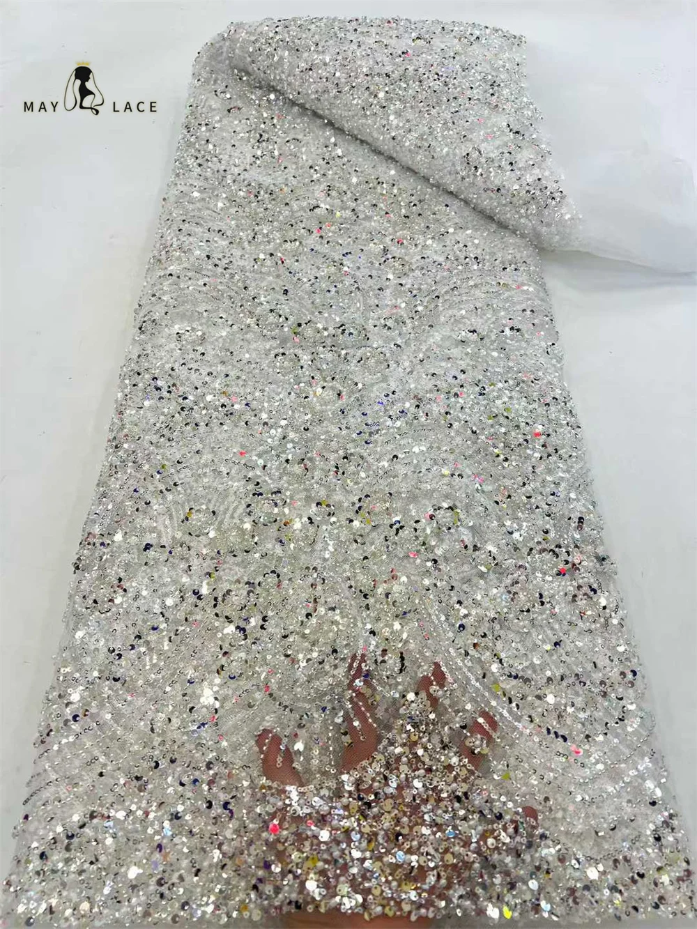 2026 New Design Luxury African Beaded Lace Fabric 5 Yards of African Sequins Lace Fabric For Wedding Party Gown Sewing Material 2